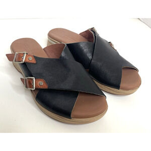 Paula Urban Black Leather Criss Cross Sandal Wedge Women Size 7 US 37 EU